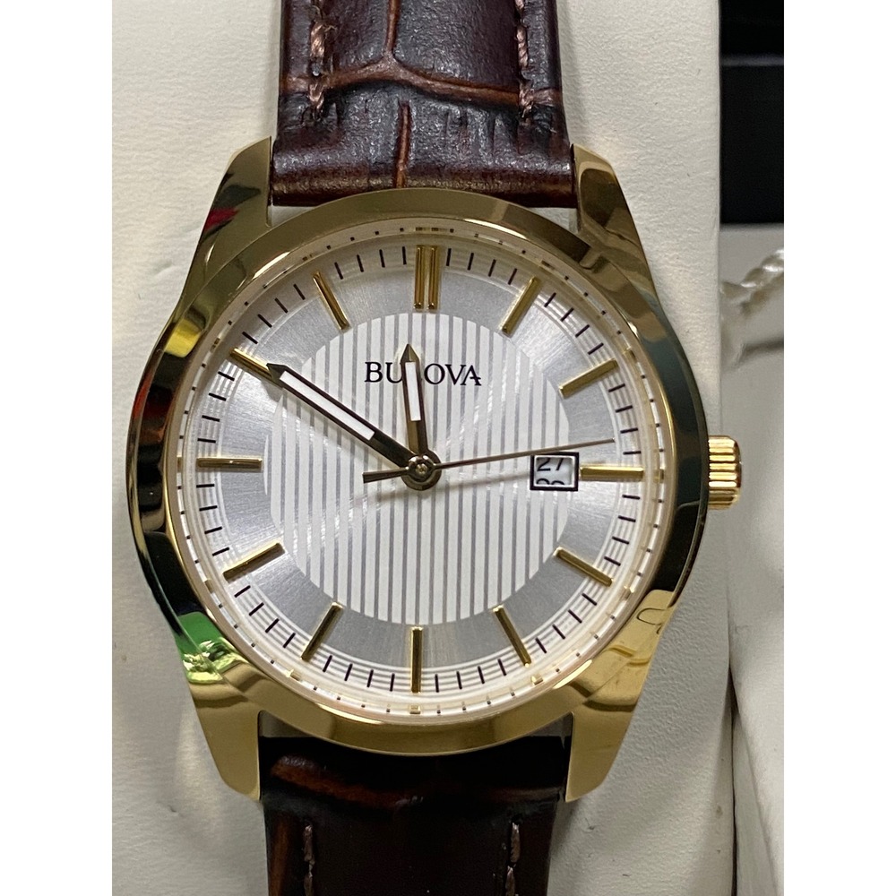 NEW Bulova Dress Watch Womens One Size Brown Gold Excellent Pinstripe Dial